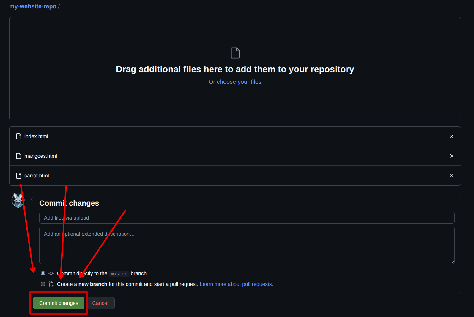 Commit changes button